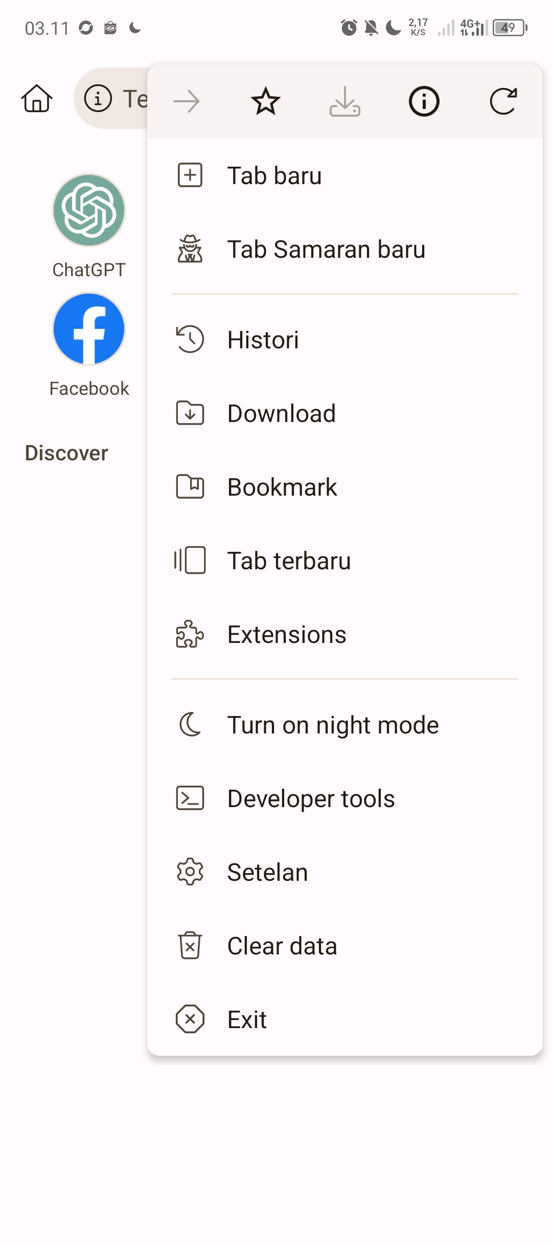 Menu Extension Kiwi Browser