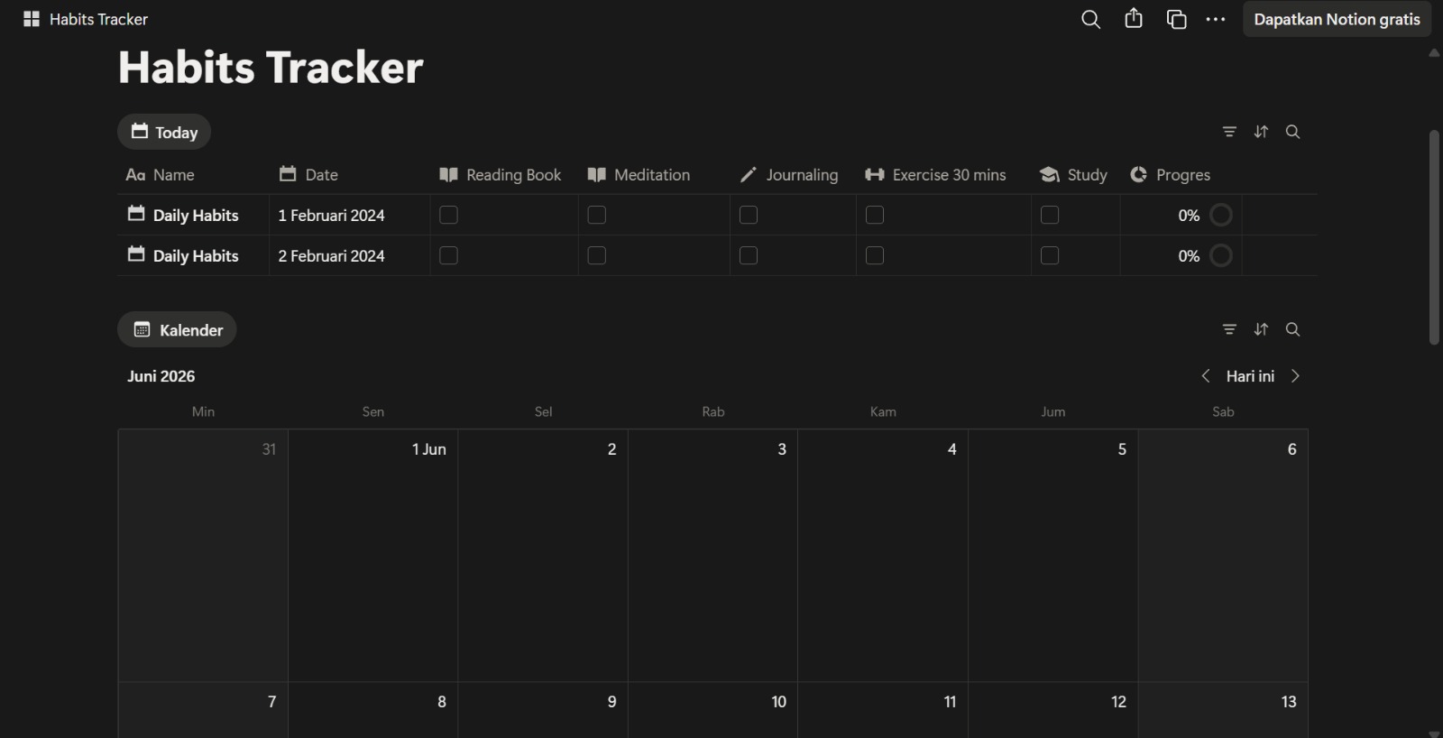 Habits Tracker Template Notion